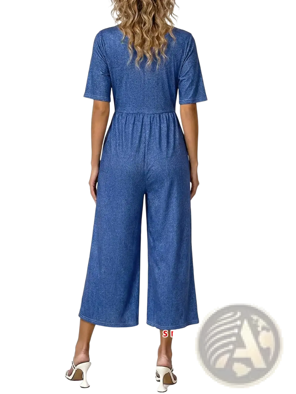 Denim print short sleeve wide leg jumpsuit in blue textured fabric with short sleeves and a wide-leg cut
