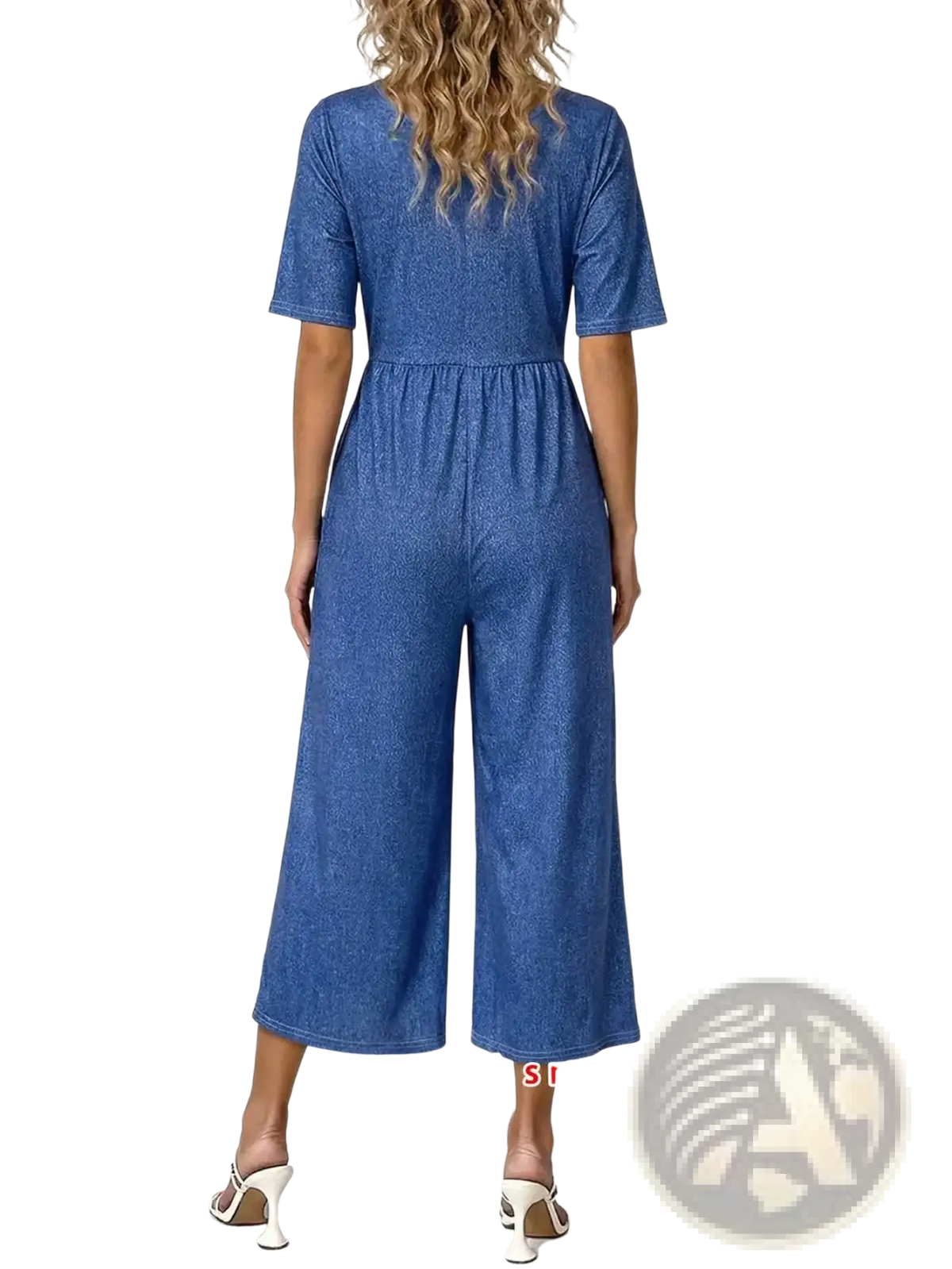 Denim print short sleeve wide leg jumpsuit in blue textured fabric with short sleeves and a wide-leg cut