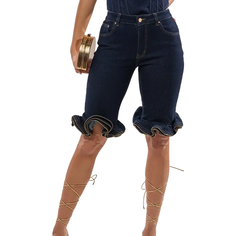 Dark blue denim shorts with ruffled hems showcasing a stylish casual summer wear option