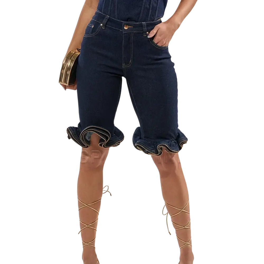 Dark blue denim shorts with ruffled hems for a stylish casual look