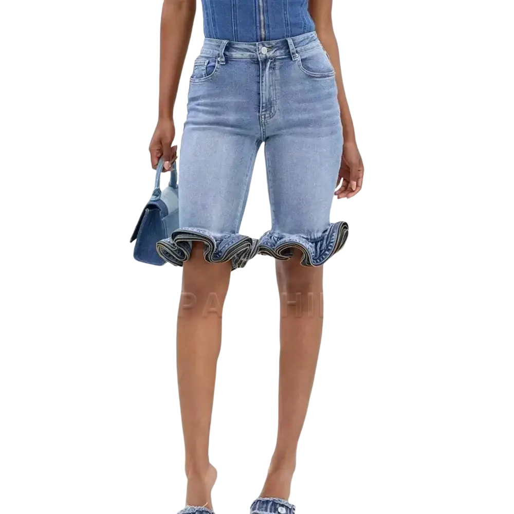 Denim ruffle hem shorts dark blue featuring a high-rise waist and playful ruffled hem in light-wash denim
