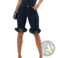 Dark blue denim shorts with ruffled hems for a stylish casual look