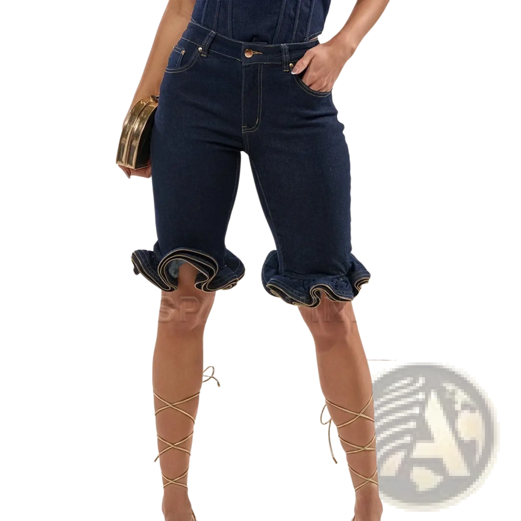 Dark blue denim shorts with ruffled hems made of sturdy denim fabric for casual summer wear