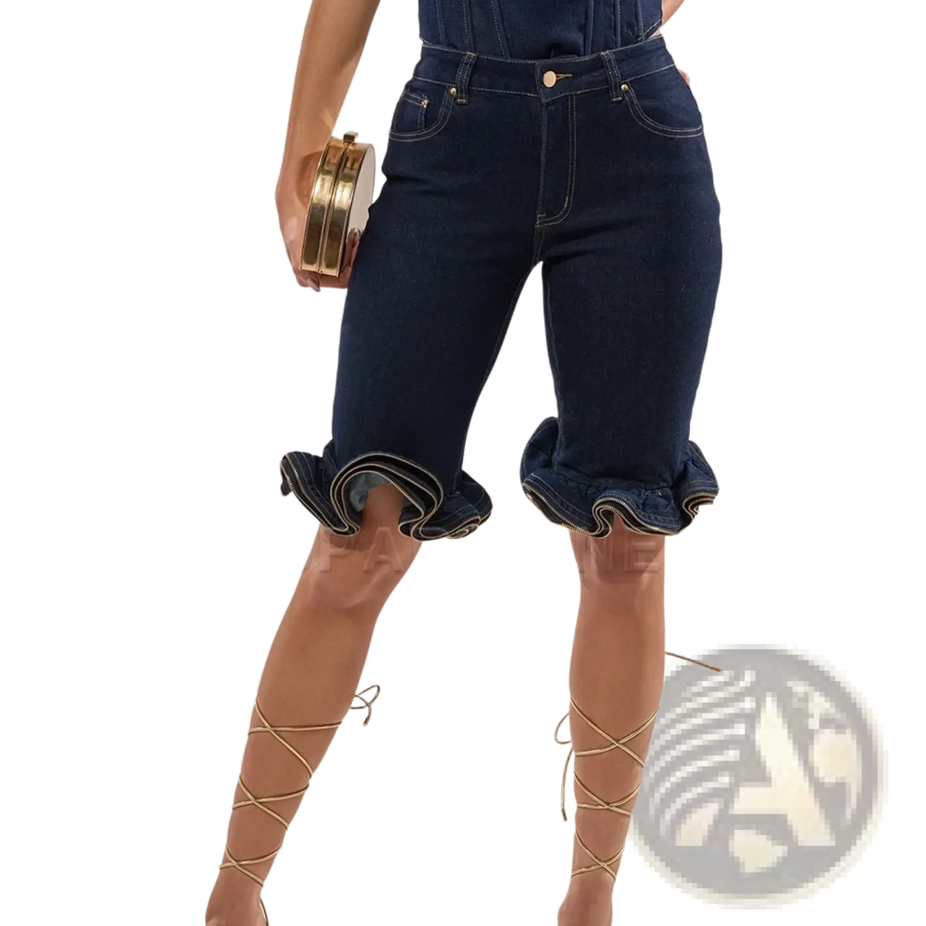 Dark blue denim shorts with ruffled hems showcasing a stylish casual summer wear option