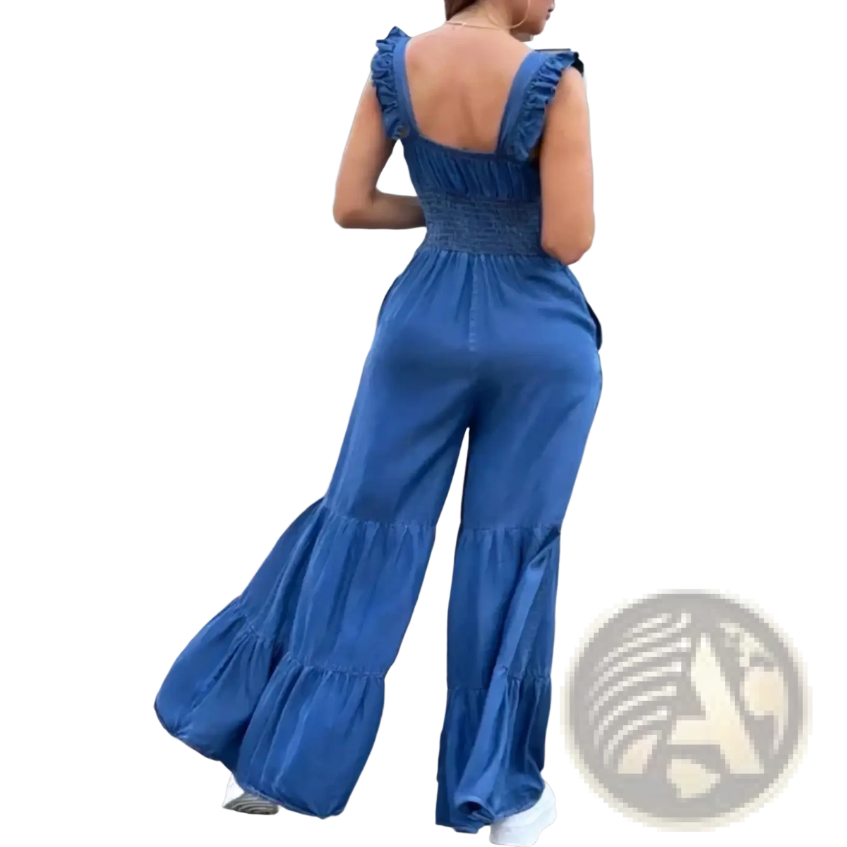 Blue denim ruffled flare jumpsuit featuring shoulder straps and tiered flared pants in a stylish design