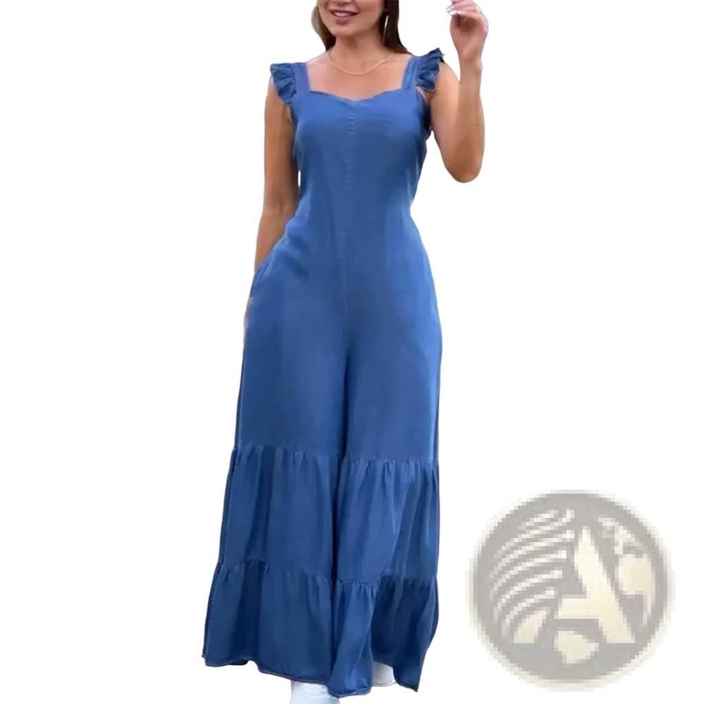 A blue denim ruffled flare jumpsuit featuring shoulder strap ruffles and a tiered hem for stylish casual wear
