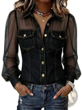 Black denim sheer sleeve v-neck top featuring sheer black mesh sleeves and gold-tone buttons