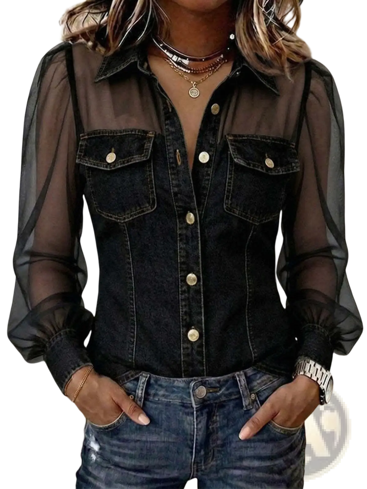 Black denim sheer sleeve v-neck top featuring sheer black mesh sleeves and gold-tone buttons