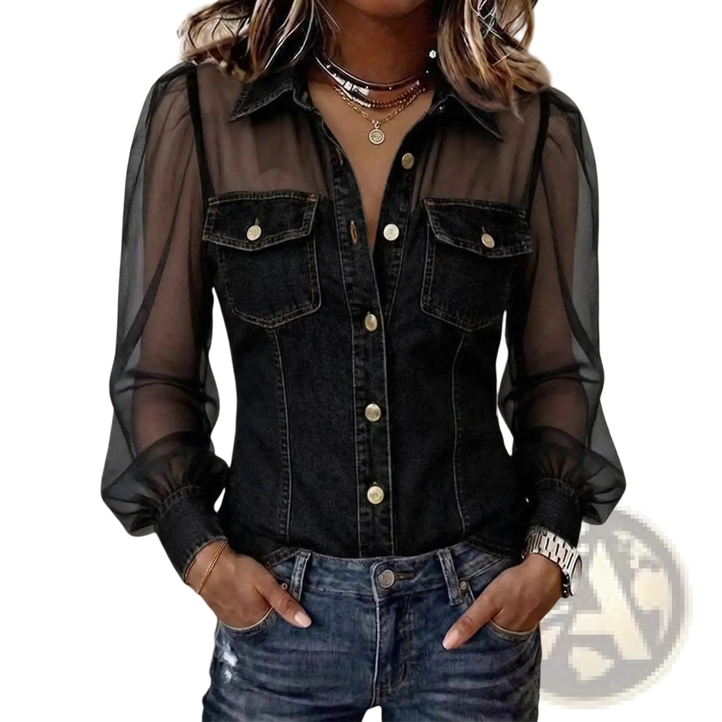 Black denim sheer sleeve v neck top with sheer black mesh sleeves and gold tone buttons