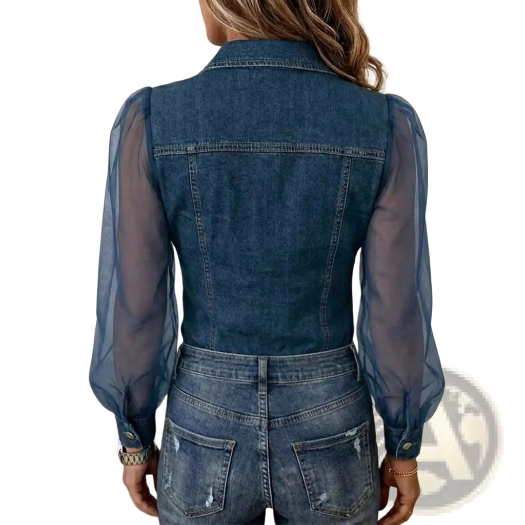 Denim sheer sleeve v-neck top featuring a denim jacket with sheer blue long sleeves and a classic collar