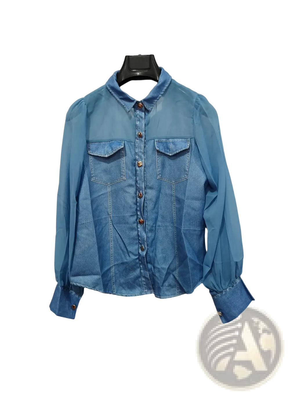A light blue denim blouse with sheer puffed sleeves button-down front and two chest pockets