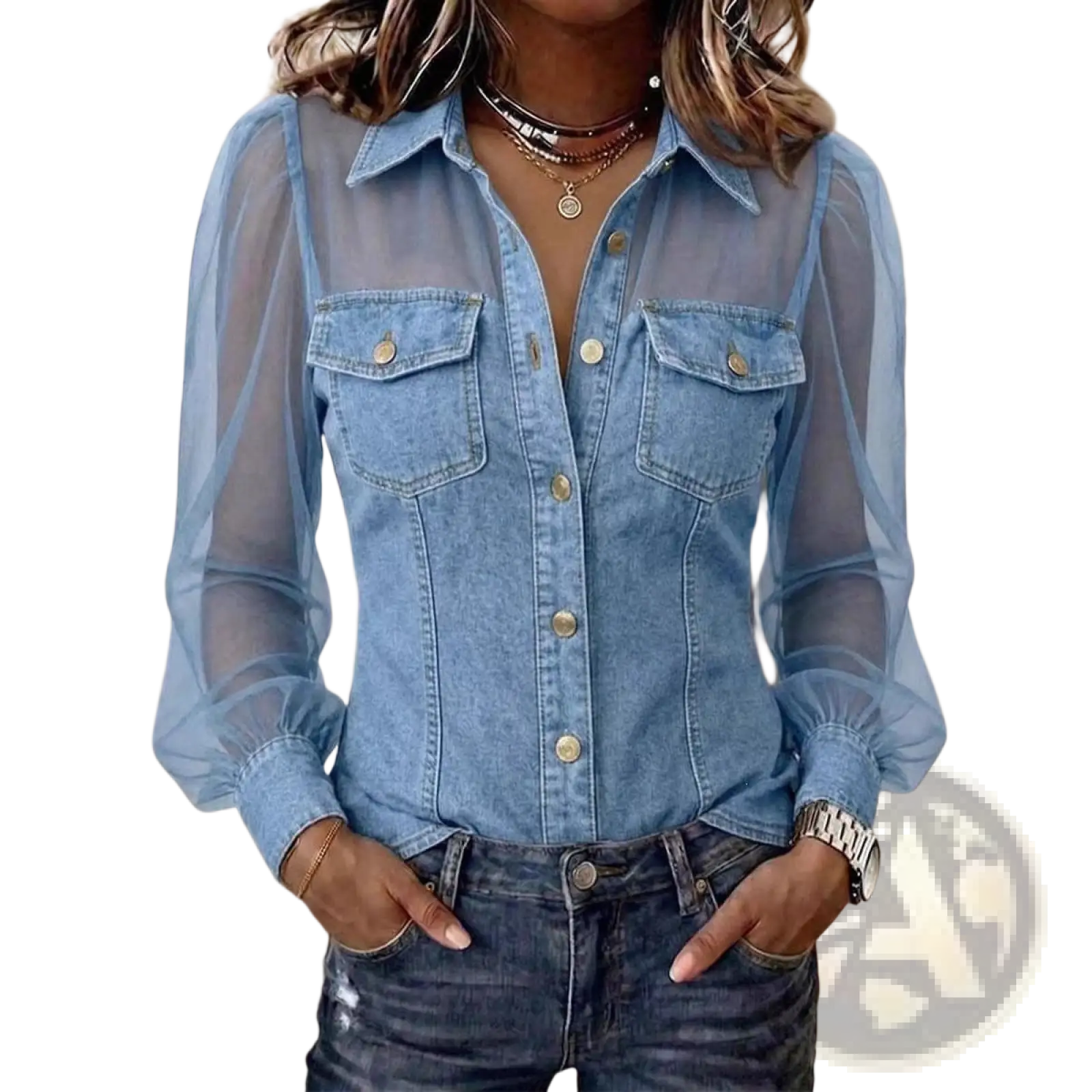Light blue denim v neck top with sheer long sleeves and gold tone buttons featuring a stylish design