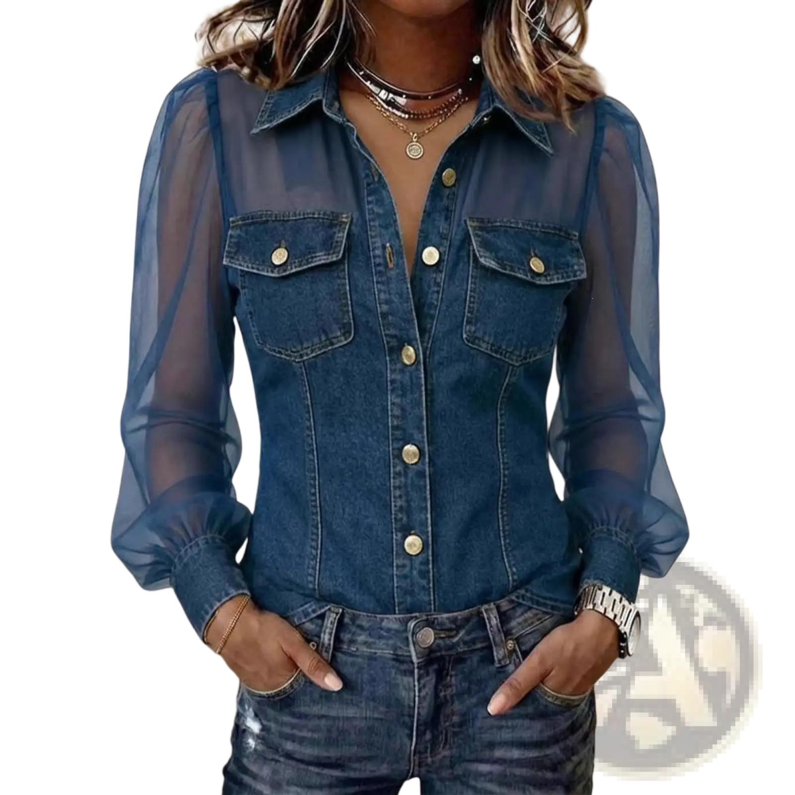 Denim sheer sleeve v-neck top with sheer blue long sleeves and gold buttons in denim fabric