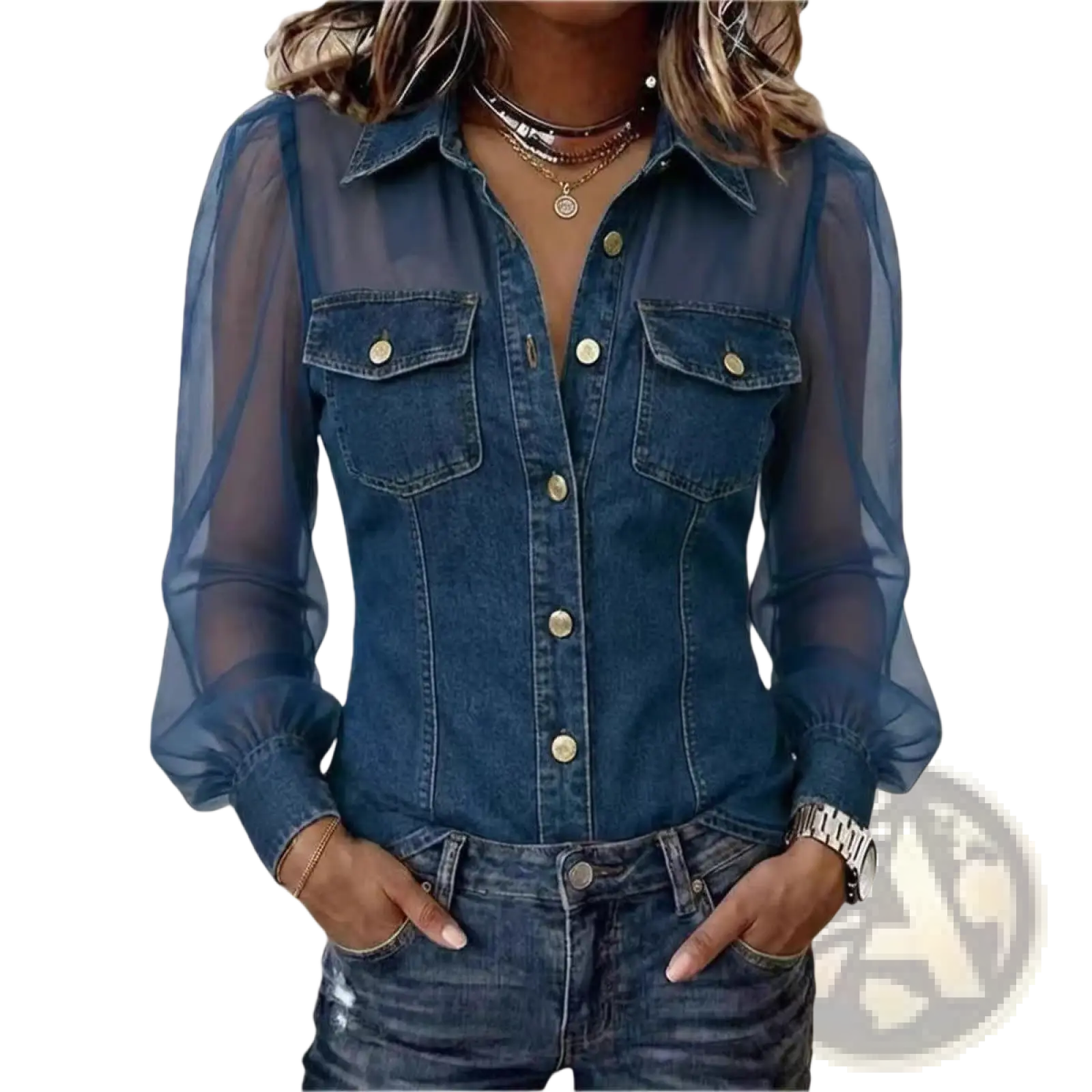 Denim sheer sleeve v-neck top featuring a denim shirt with sheer long sleeves and gold-tone buttons