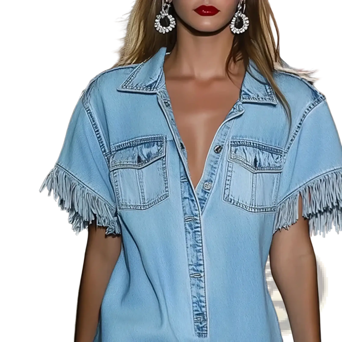Light blue denim shirt dress with fringed short sleeves and two front pockets in casual retro style
