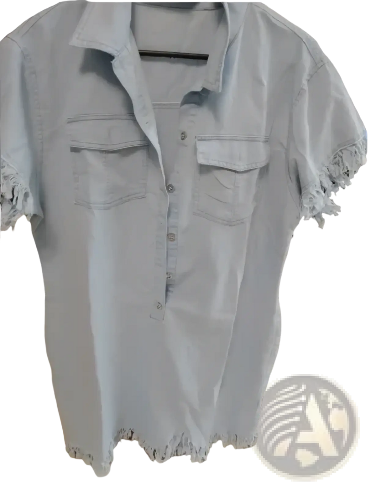 Light blue denim shirt dress with frayed edges and short sleeves casual retro fringed mini dress