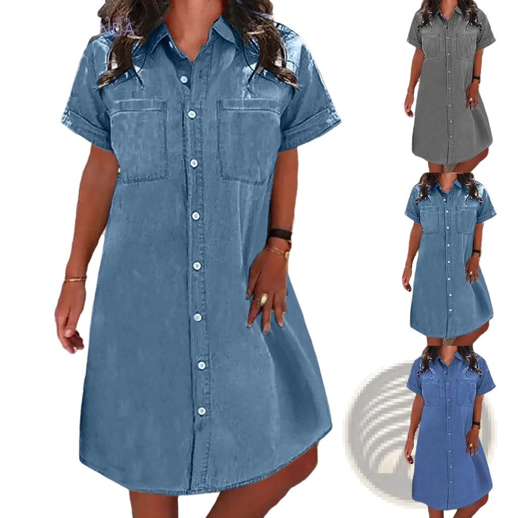Blue denim shirt dress with short sleeves and front button closure ideal for casual midi wear