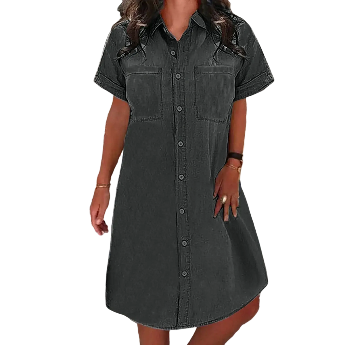 Dark gray denim shirt dress with short sleeves and front button closure for casual wear midi length