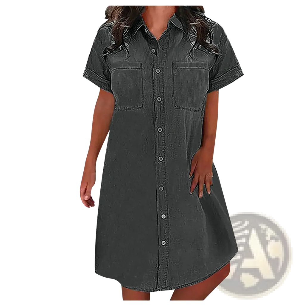 Dark gray denim shirt dress with short sleeves and front button closure casual midi length garment