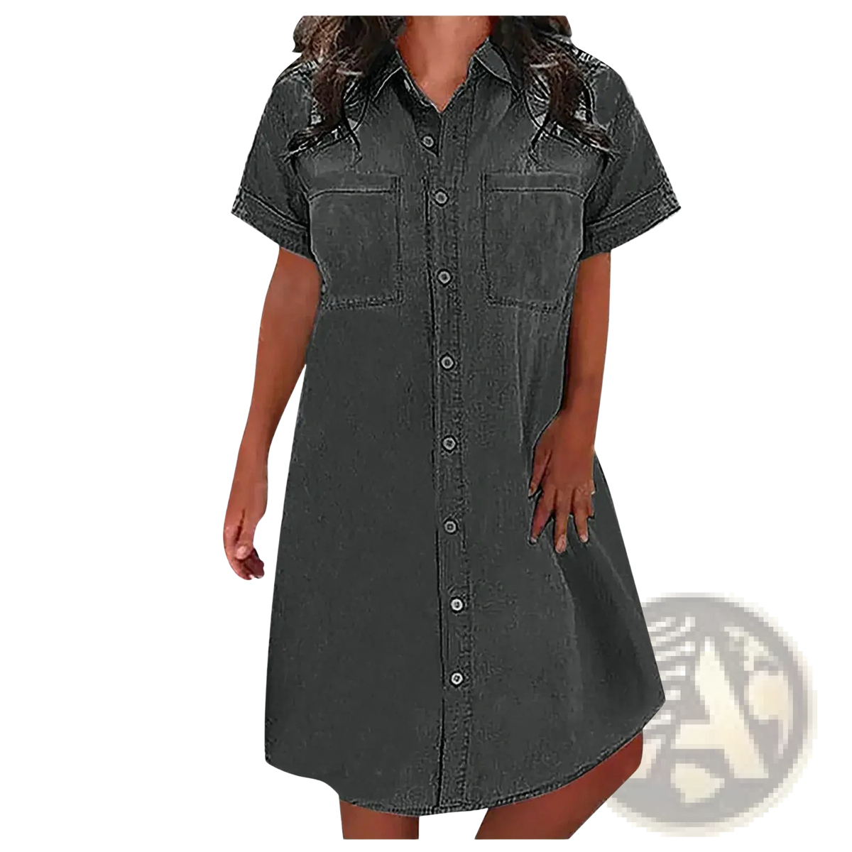 Dark gray denim shirt dress with short sleeves and front button closure casual midi length garment