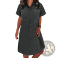 Dark gray denim shirt dress with short sleeves and front button closure for casual wear midi length