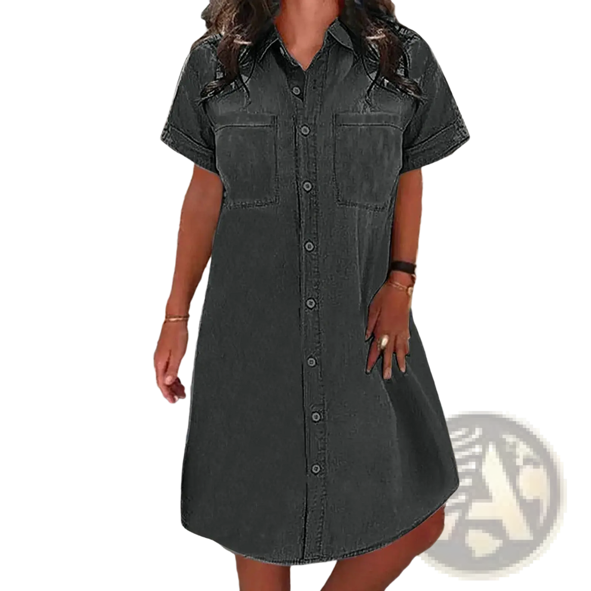 Dark gray denim shirt dress with short sleeves and front button closure for casual wear midi length