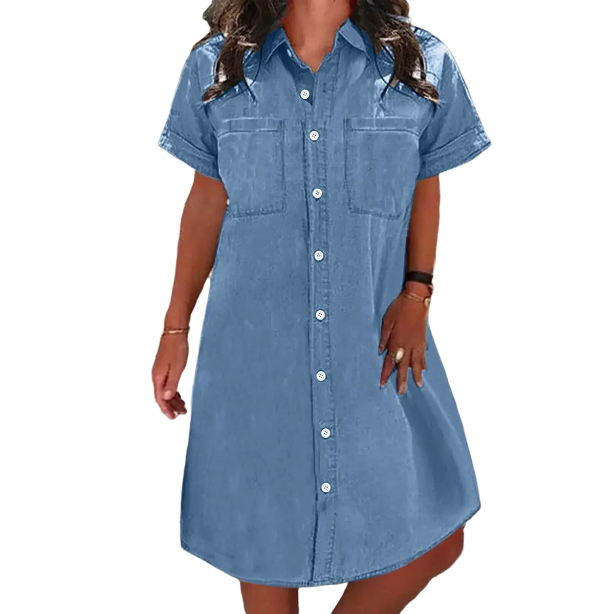 A light blue denim shirt dress with short sleeves button-front closure and two front pockets for casual wear