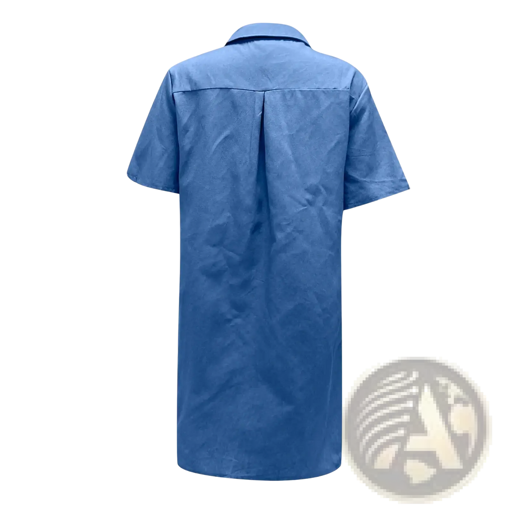 Blue denim shirt dress with short sleeves and collar showing back pleats for a casual midi style