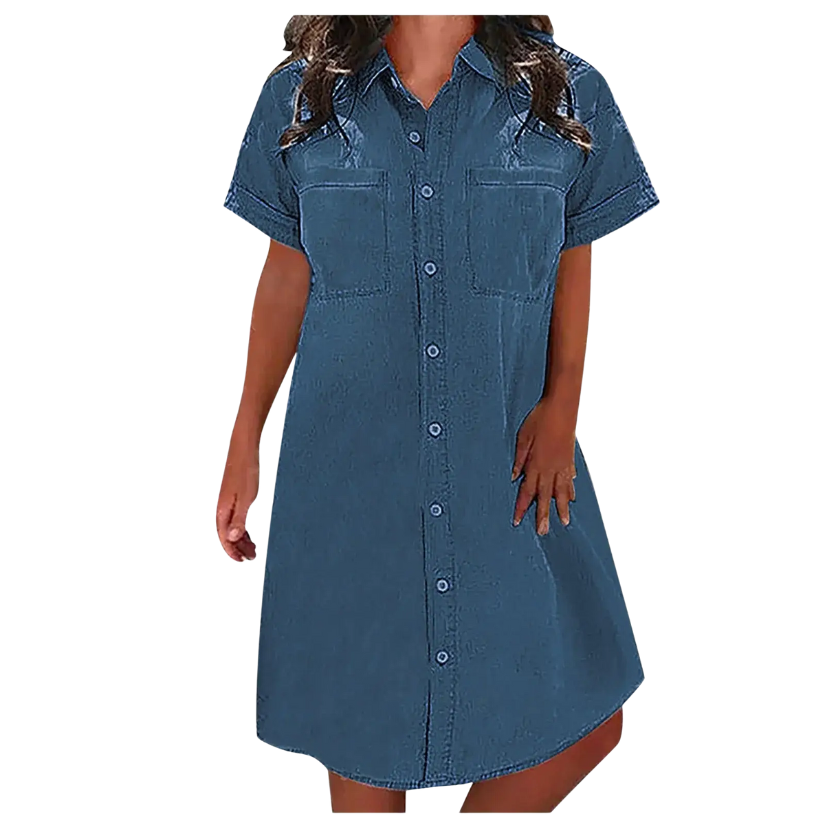 A women’s medium blue wash denim shirt dress with short sleeves button-front closure and two chest pockets