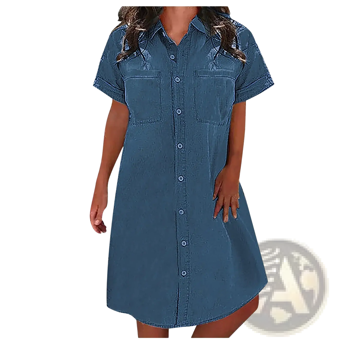 A women’s medium blue wash denim shirt dress with short sleeves button-front closure and two chest pockets