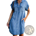 A light blue denim shirt dress with short sleeves button-front closure and two chest pockets for casual wear