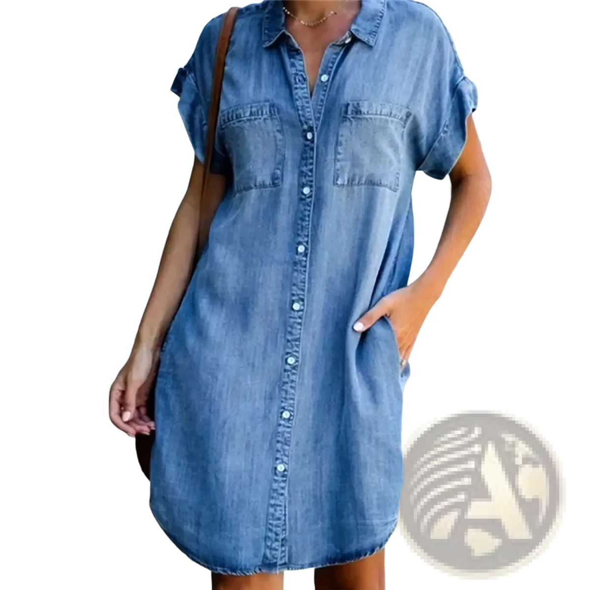 A light blue denim shirt dress with short sleeves button-front closure and two chest pockets for casual wear