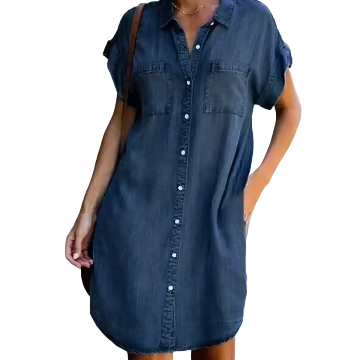Dark blue denim shirt dress with rolled-up short sleeves and two front chest pockets for casual wear