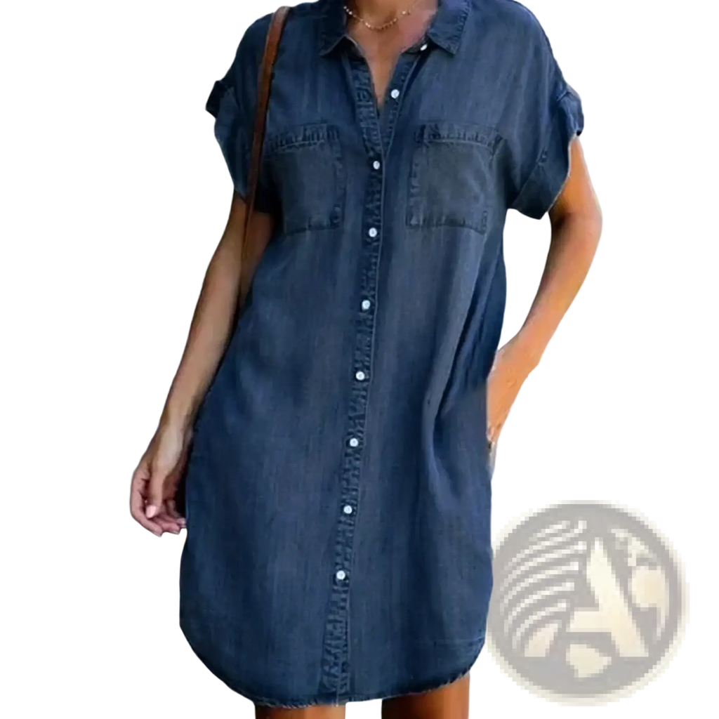 Dark blue denim shirt dress with short rolled sleeves button front and two chest pockets for casual wear