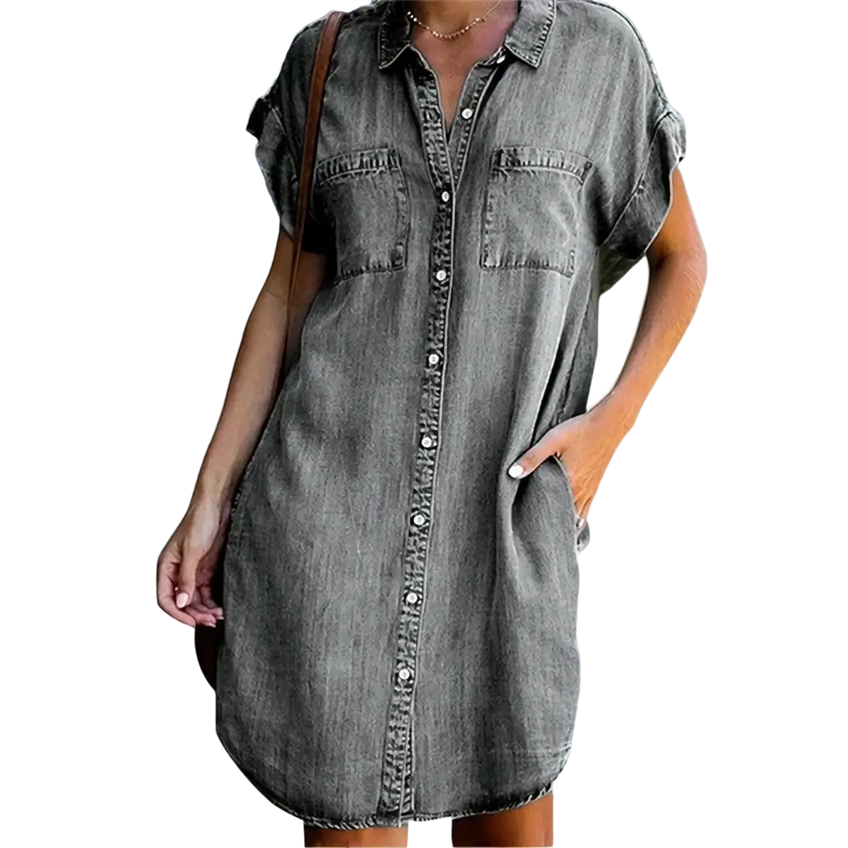A gray denim shirt dress with short sleeves button-front closure and two chest pockets for casual wear