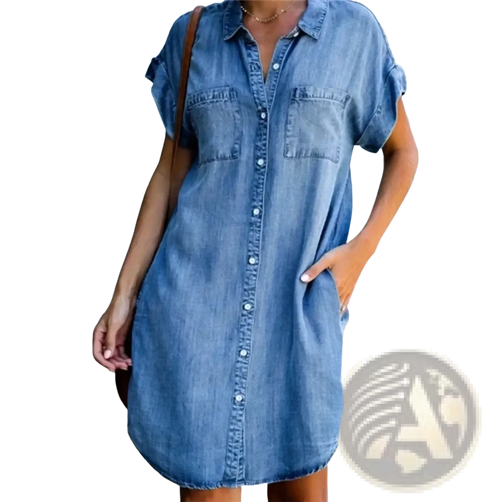 A light blue denim shirt dress with short sleeves button-front closure and two chest pockets perfect for casual wear