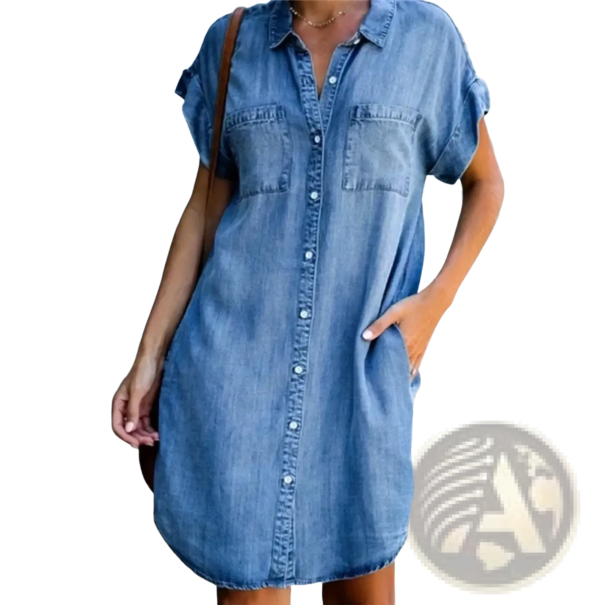 A light blue denim shirt dress with short sleeves button-front closure and two chest pockets perfect for casual wear