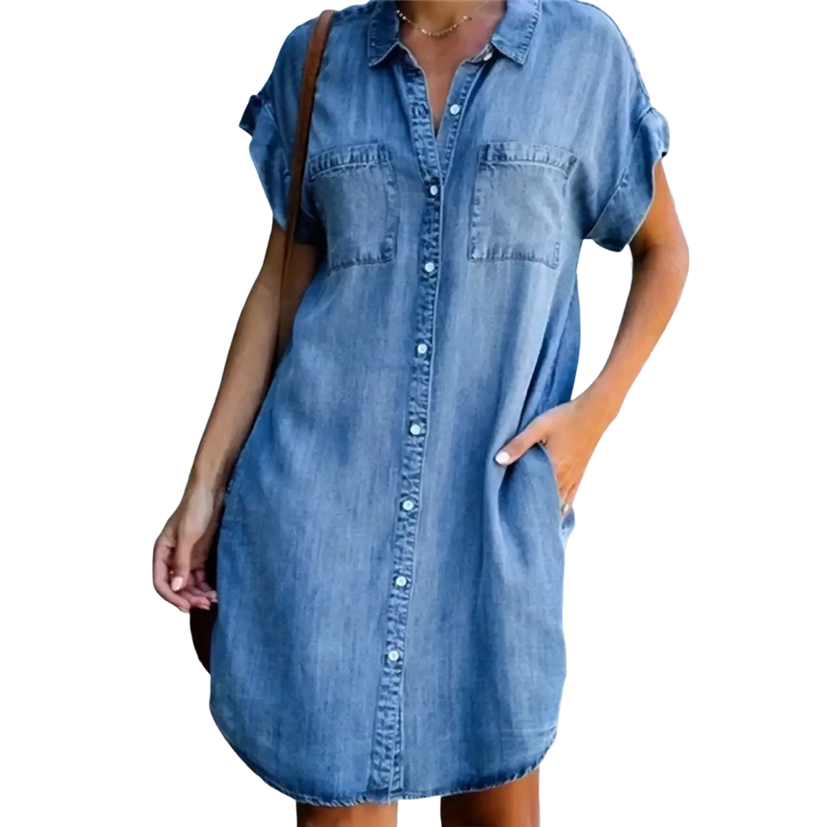 A light blue denim shirt dress with short sleeves button-front closure and two chest pockets for casual wear