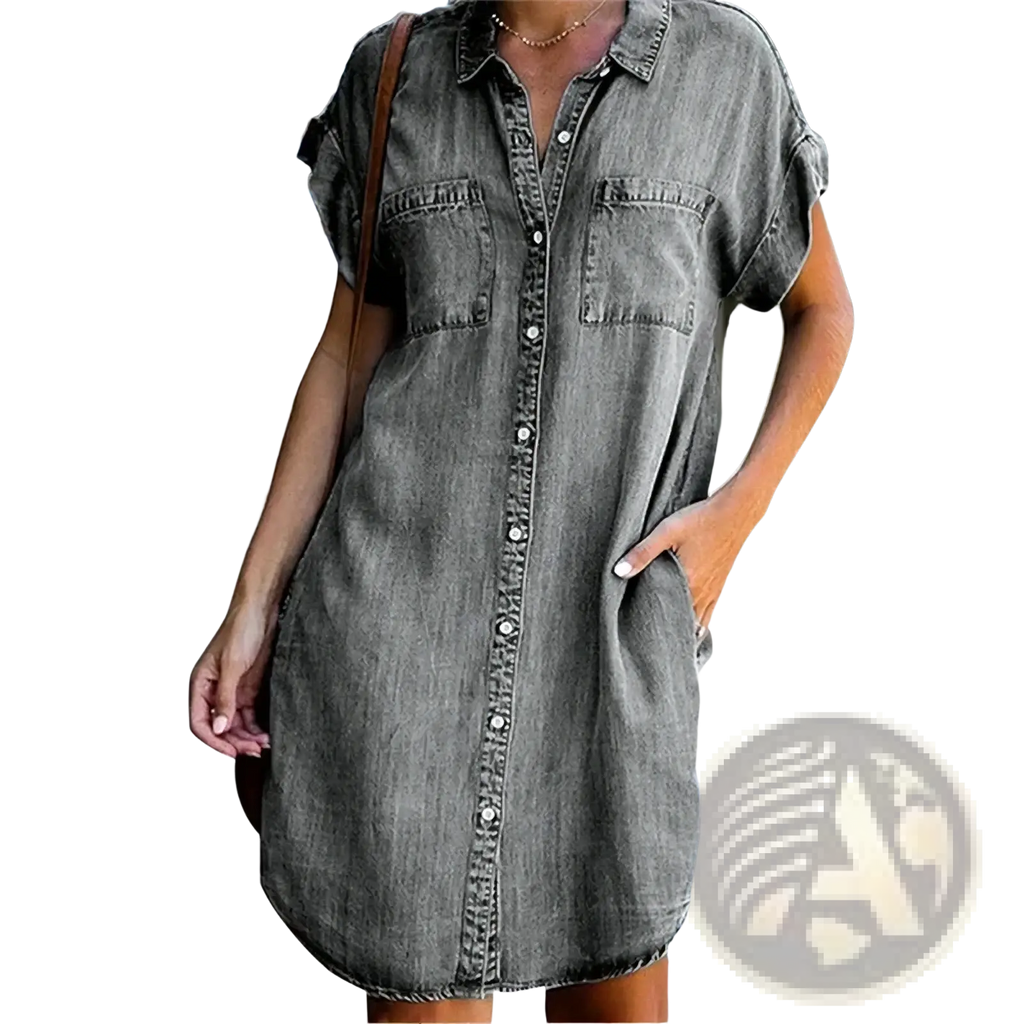 Women’s gray denim shirt dress with short sleeves button-front closure and two chest pockets casual mini style