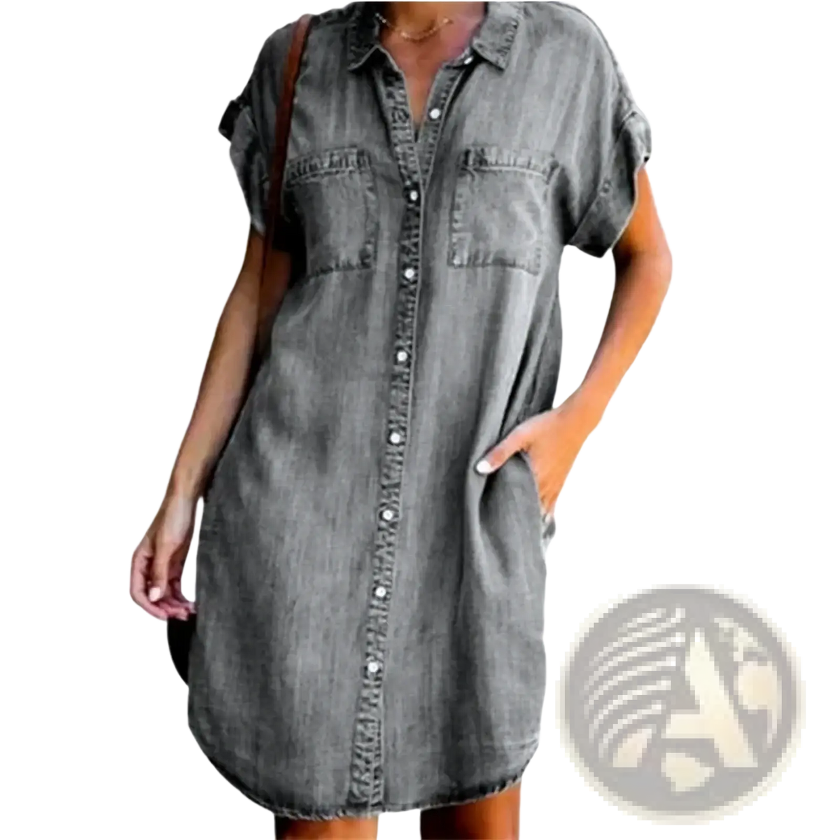 Gray denim shirt dress with short sleeves button-front closure and two chest pockets casual mini style for women