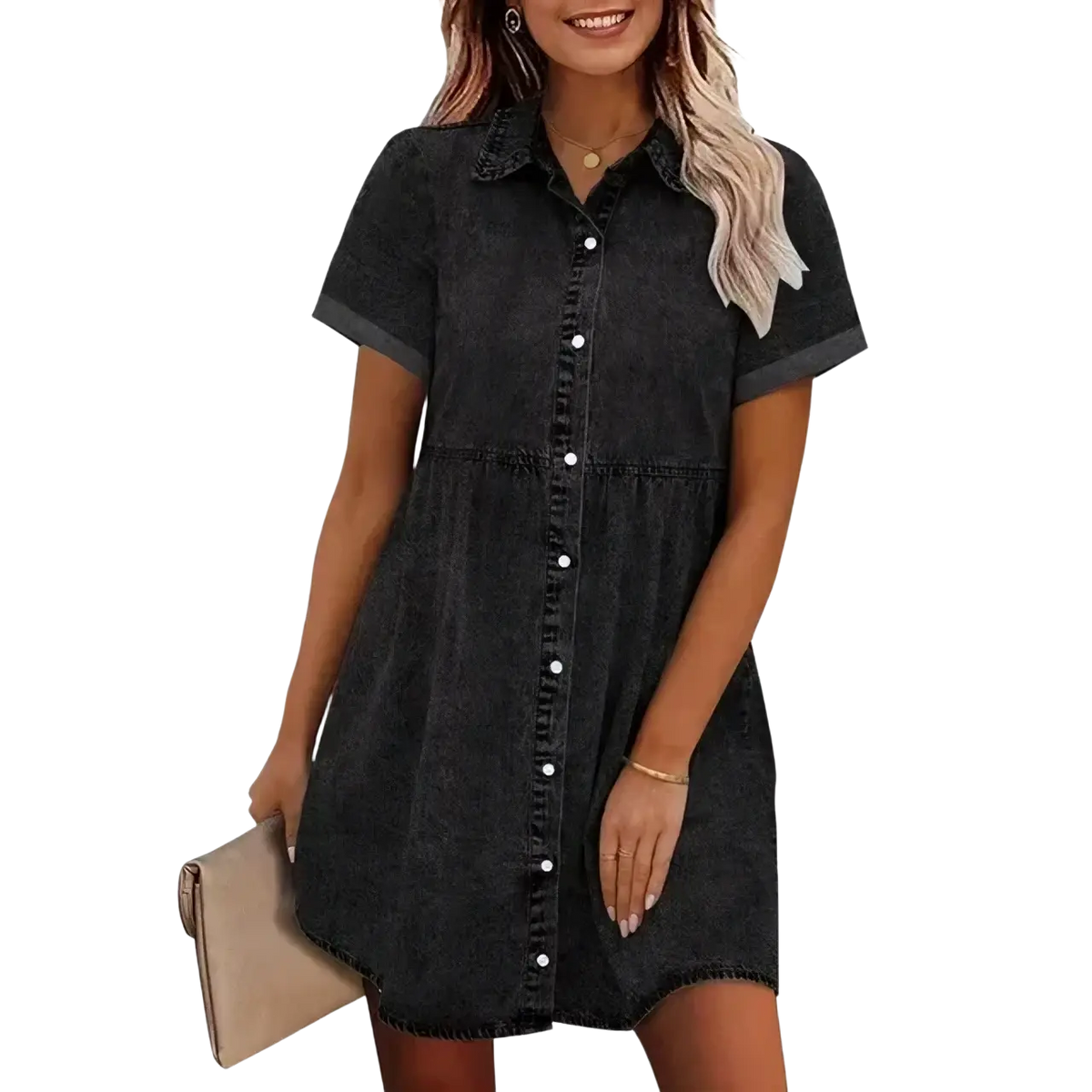 Black denim button-down dress with short sleeves and collar casual jean dress for everyday wear