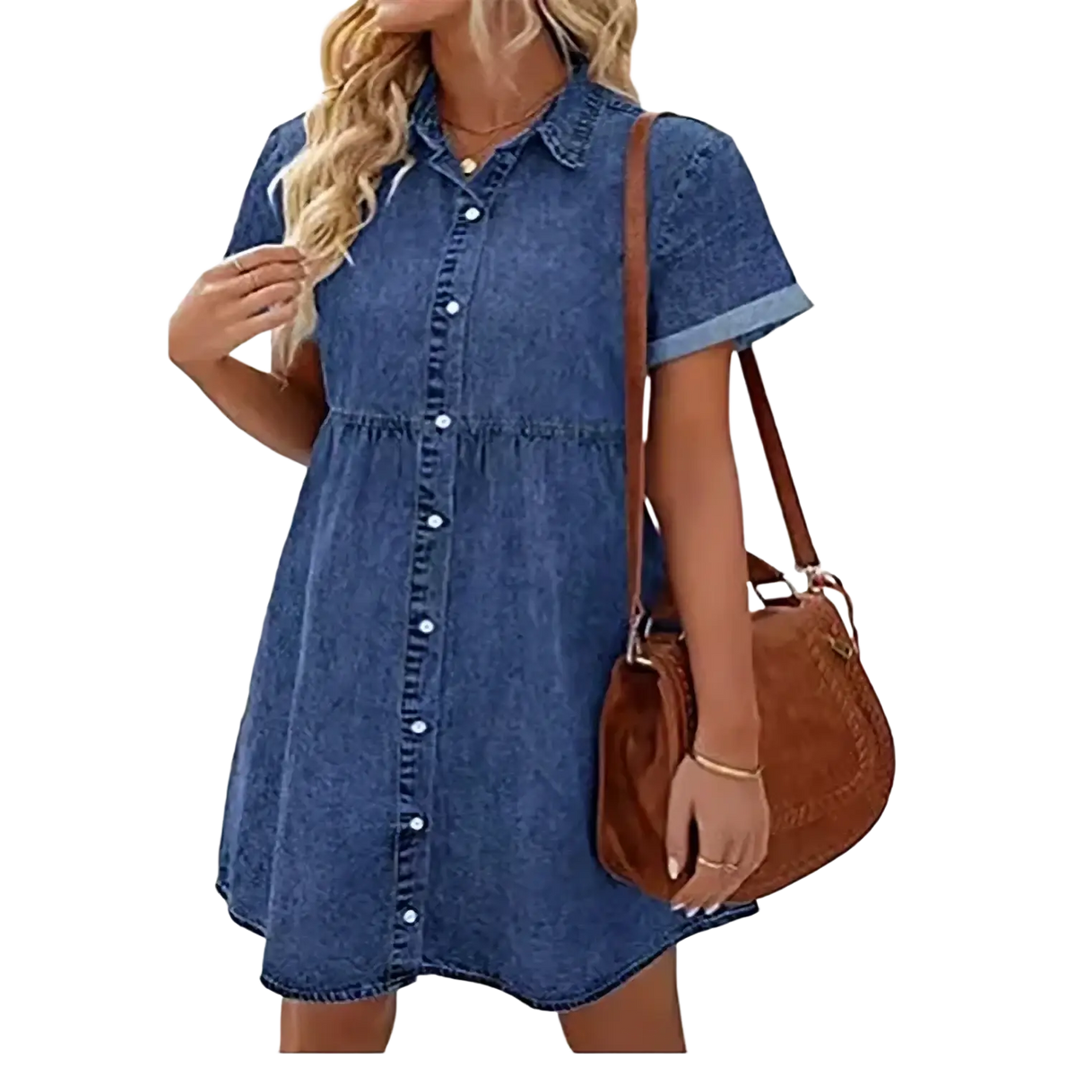Blue denim shirt dress with short sleeves and collar made of casual jean fabric for everyday wear