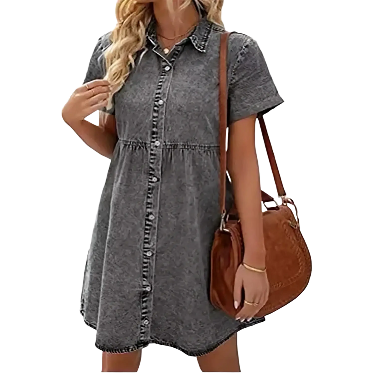 A gray denim shirt dress with short sleeves and a relaxed fit for casual wear