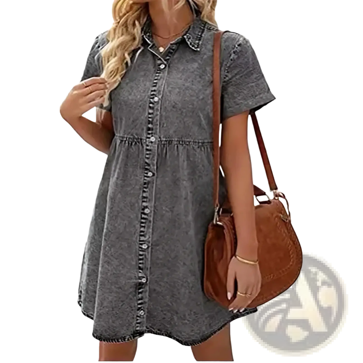 A gray denim shirt dress with short sleeves and a relaxed fit for casual wear