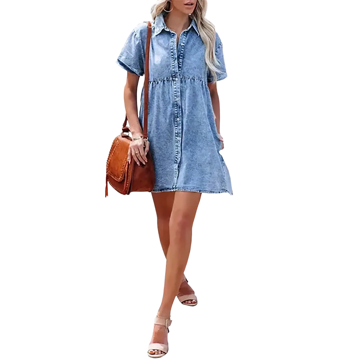 A light blue denim shirt dress with short sleeves and button down front casual jean dress
