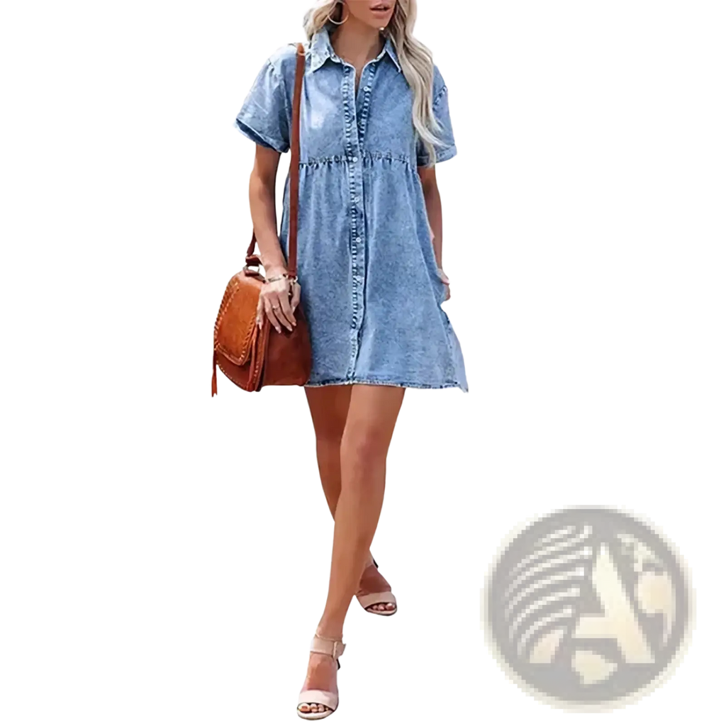 A light blue denim shirt dress with short sleeves and a button-down front for casual wear