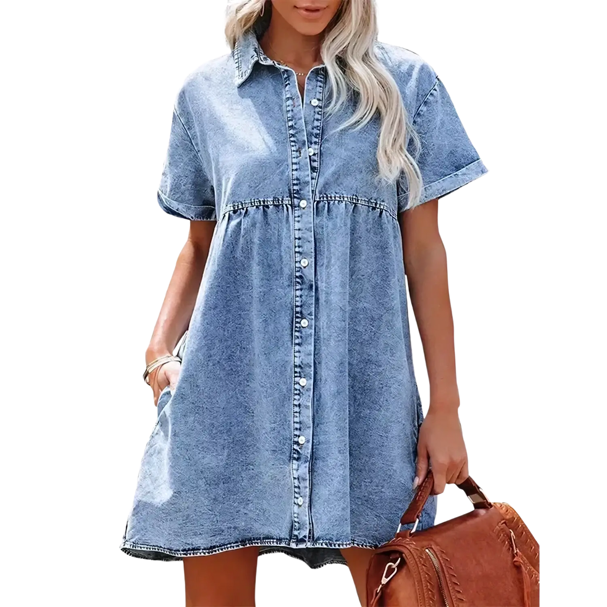A light-wash denim shirt dress with button-up front short sleeves casual jean material perfect for everyday wear