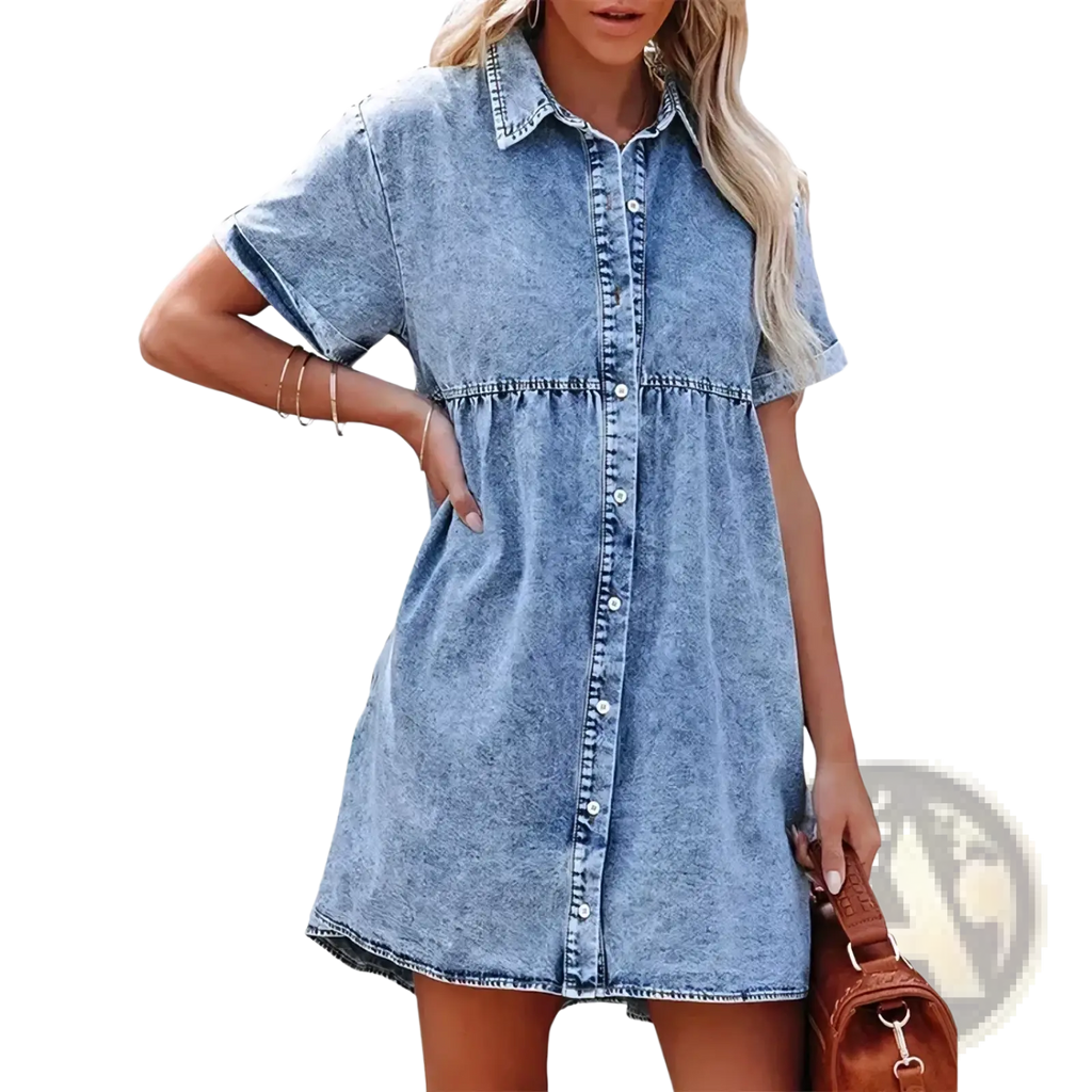 A light-wash denim shirt dress with short sleeves and button-down front for casual wear