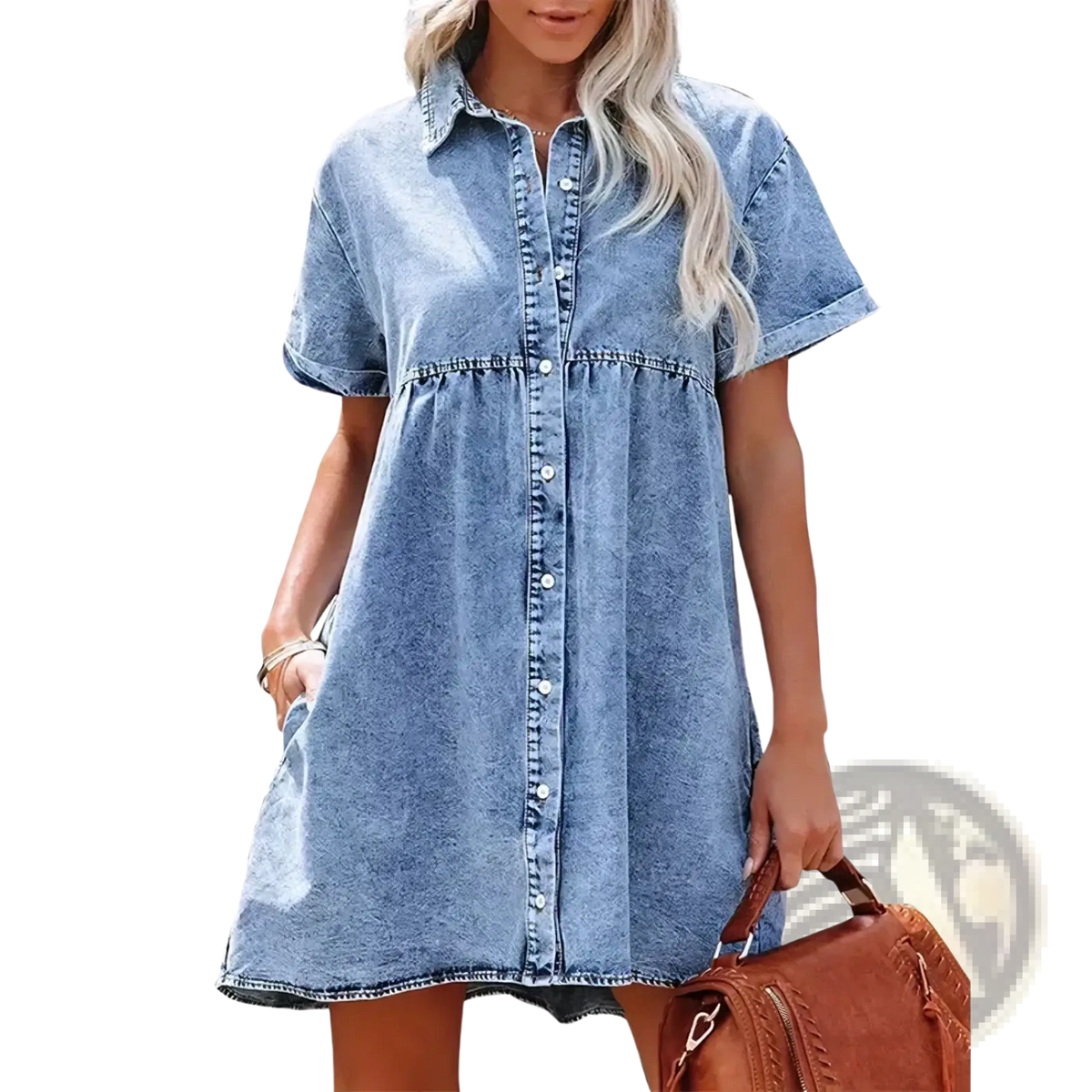 A light-wash denim shirt dress with button-up front short sleeves casual jean material perfect for everyday wear
