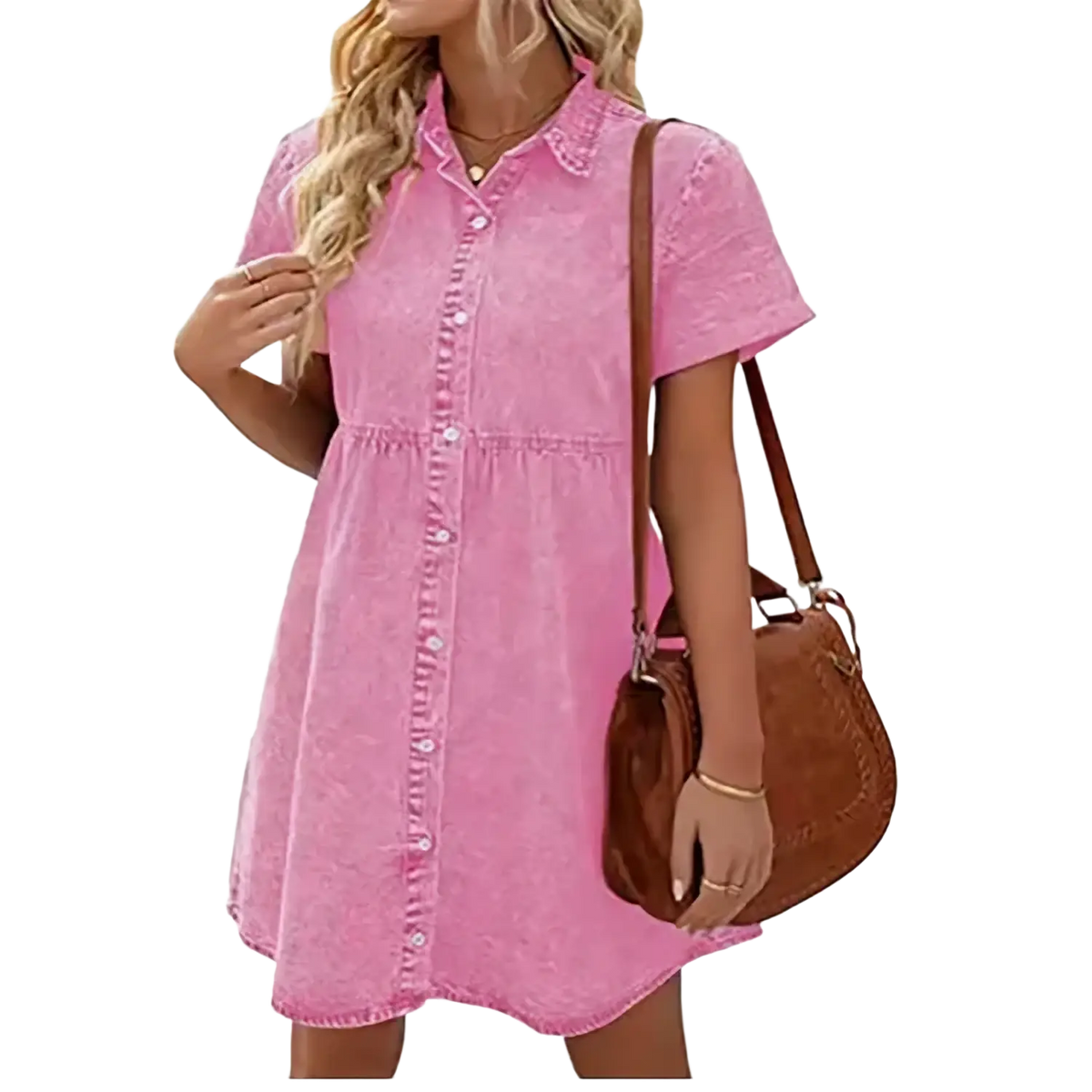 Pink denim button-down dress with short sleeves and collar casual jean dress ideal for everyday wear